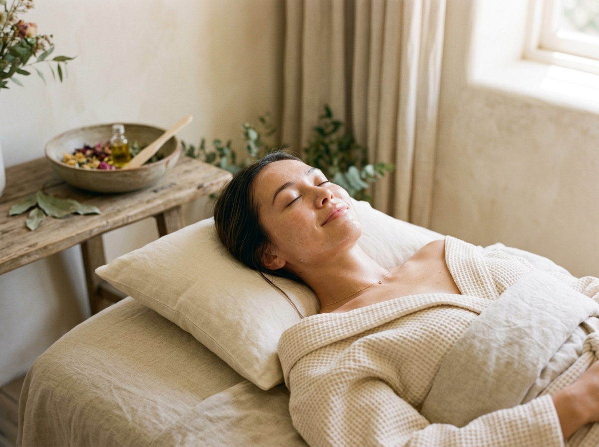 Serene client enjoying gentle organic facial sugaring and glowing skin